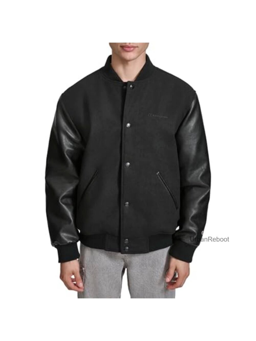 Wool Blend Varsity Bomber Jacket with Faux Leather Sleeves